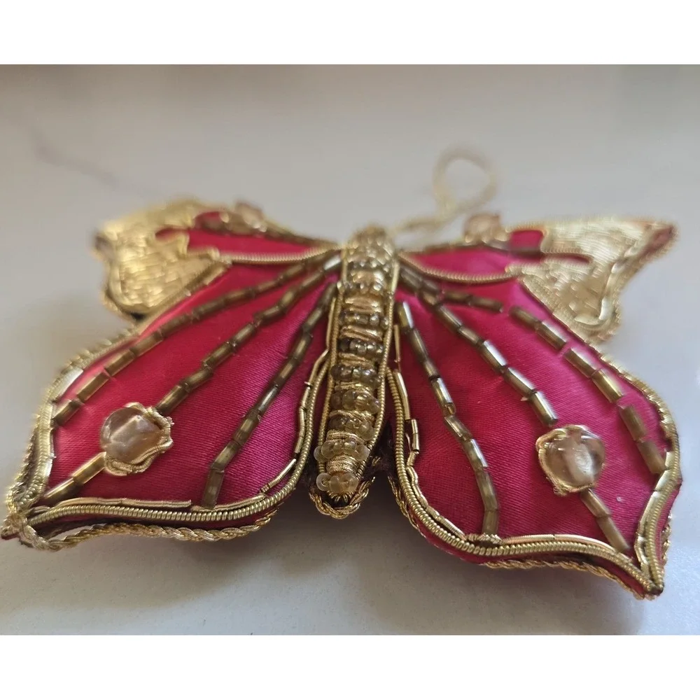 Vtg Butterfly Christmas Ornaments Decorative Pink‎ Gold Thread Beaded Set Of 2